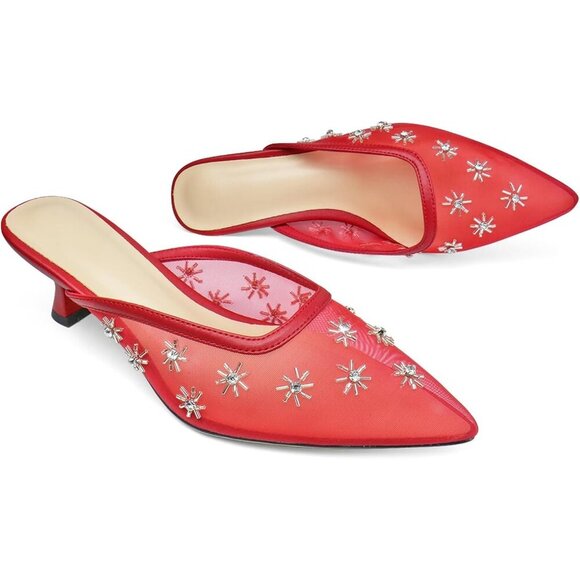 🆕Women Red Mesh Kitten Heel Mules Crystal Flower Pointed Toe Low Heel Pumps - Picture 4 of 5